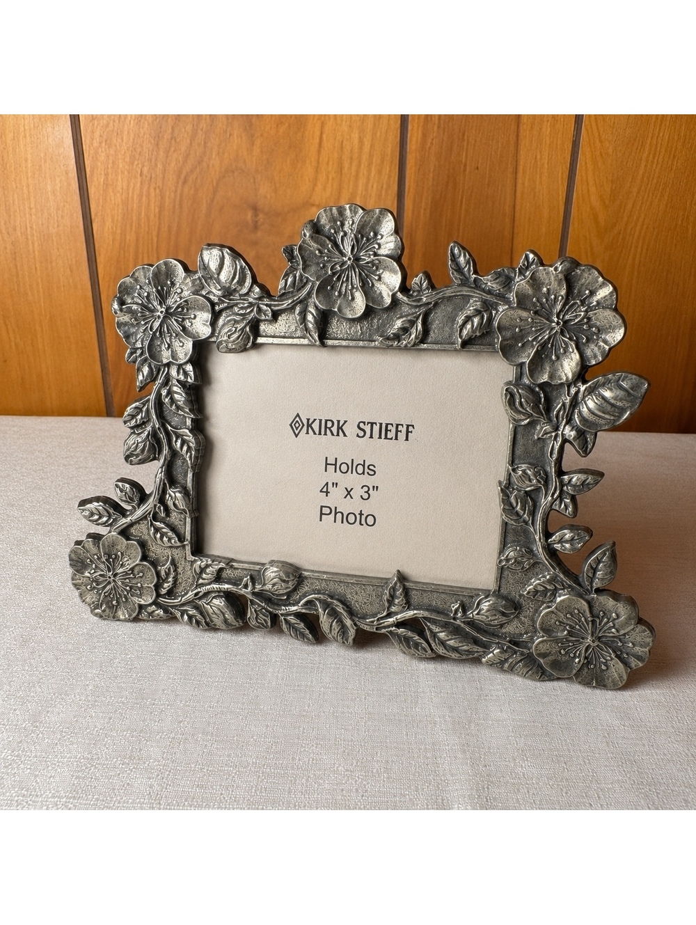 Vintage Kirk Stieff Pewter Floral Picture Frame Holds 3x4 Photo
